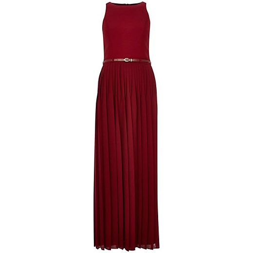 Red pleated belted maxi dress river-island brazowy maxi