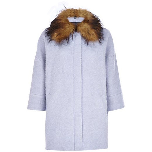 Blue faux fur collar oversized wool coat river-island niebieski oversize