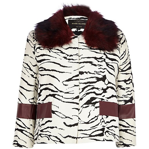 Cream zebra print faux fur jacket river-island brazowy kurtki