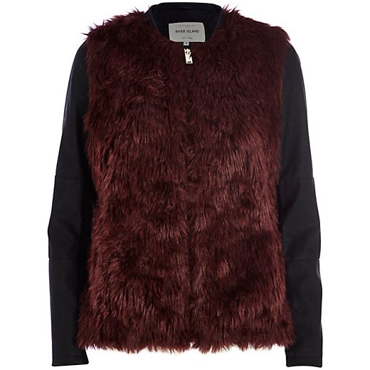 Dark red contrast sleeve faux fur jacket river-island brazowy kurtki
