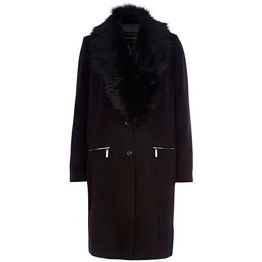 Black detachable faux fur collar coat river-island czarny płaszcz