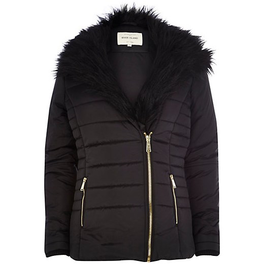 Black faux fur collar padded jacket river-island czarny kurtki