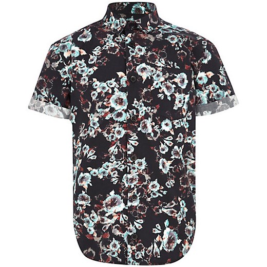 Boys black floral print shirt river-island szary kwiatowy