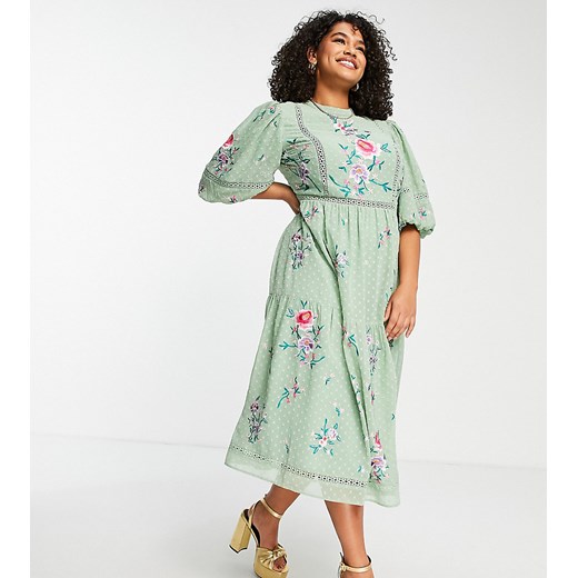 ASOS DESIGN Curve – Jasnozielona haftowana sukienka midi z drobnowzorzystej 52 Asos Poland