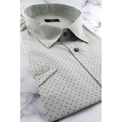 Duża Koszula Męska Elegancka Wizytowa do garnituru oliwkowa we wzorki z krótkim Classo 5XL okazyjna cena ŚWIAT KOSZUL