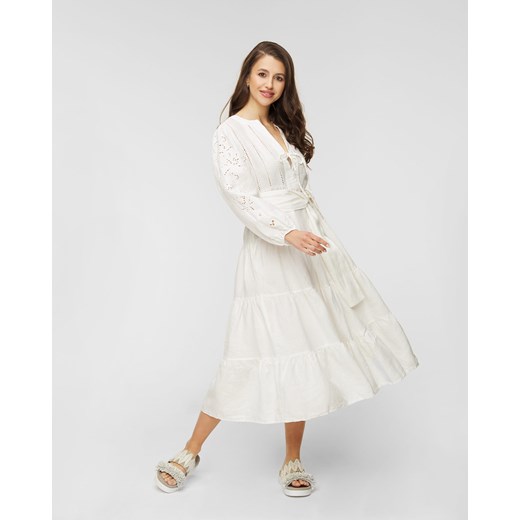 Sukienka biała Kori rozkloszowana z długimi rękawami midi z tkaniny 