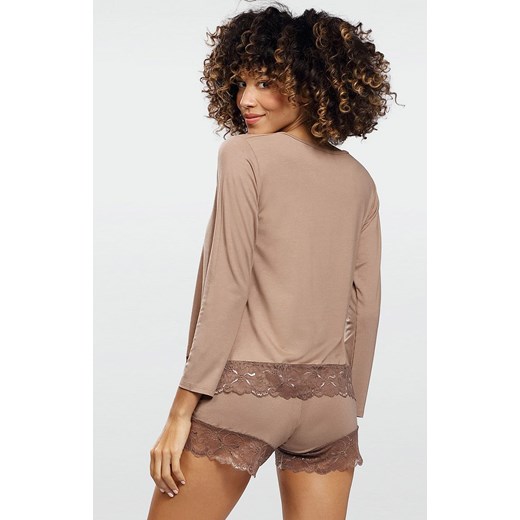 Piżama damska komplet koszulka długi rękaw i spodenki Kornelia, Kolor cappuccino, Rozmiar XS, DKaren ze sklepu Intymna w kategorii Piżamy damskie - zdjęcie 137654592