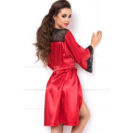 Czerwony satynowy szlafrok z koronką Nikola, Kolor czerwono-czarny, Rozmiar XS, DKaren ze sklepu Intymna w kategorii Szlafroki damskie - zdjęcie 137654650