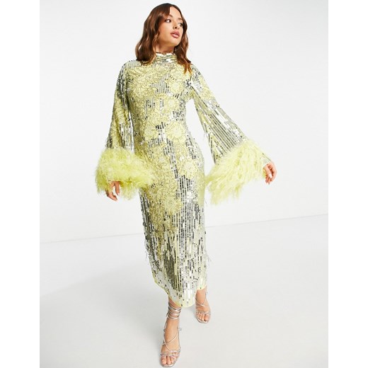 ASOS EDITION – Cytrynowa cekinowa sukienka midi z piórkami przy mankietach i 38 Asos Poland