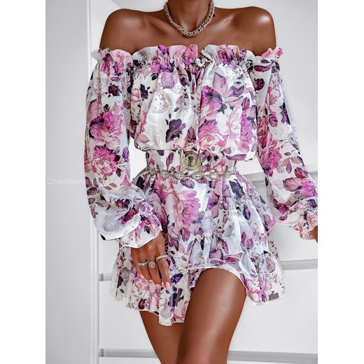 Sukienka hiszpanka biała w fioletowe kwiaty A1409 Excellence ONE SIZE Charlotte Fashion