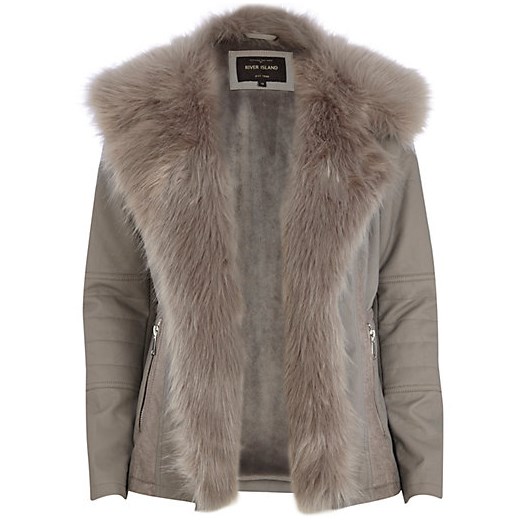 Grey leather-look faux fur jacket river-island brazowy kurtki