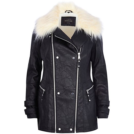Black leather-look faux fur collar jacket river-island czarny kurtki