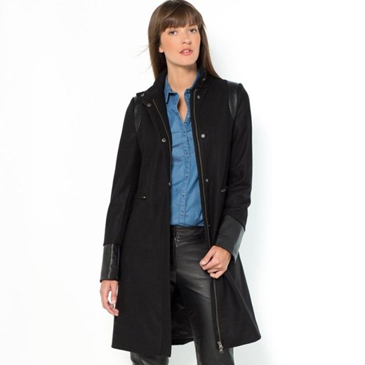 Płaszcz ze skóropodobnymi wstawkami (60% wełny) la-redoute-pl czarny kolorowe