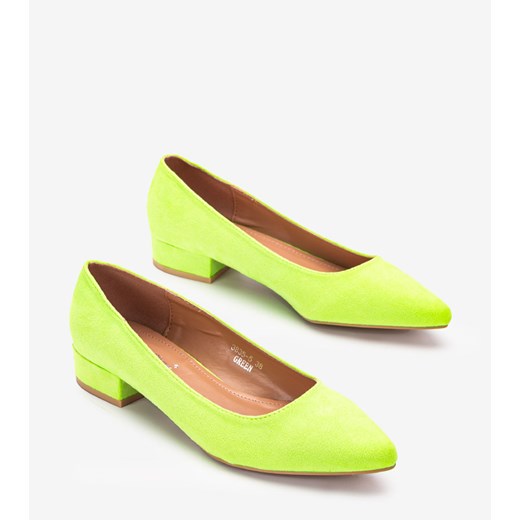 Zielone neonowe czółenka na niskim słupku Gemre 36 okazyjna cena hers