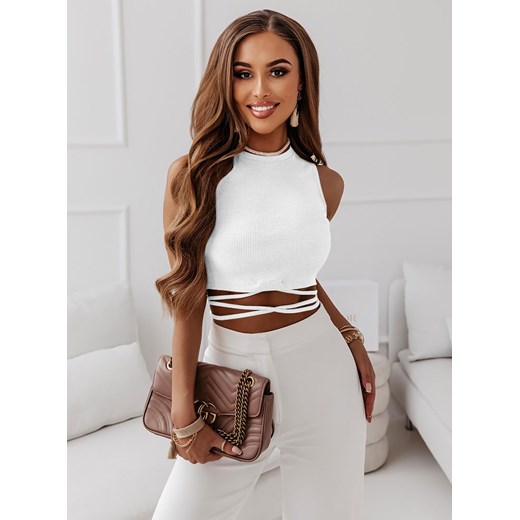Biała bluzka crop top z ozdobnym wiązaniem Manitta - biały Pakuten S/M okazyjna cena pakuten.pl