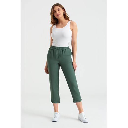 Lniane spodnie z gumką w pasie, kolor khaki Greenpoint 36 Greenpoint.pl