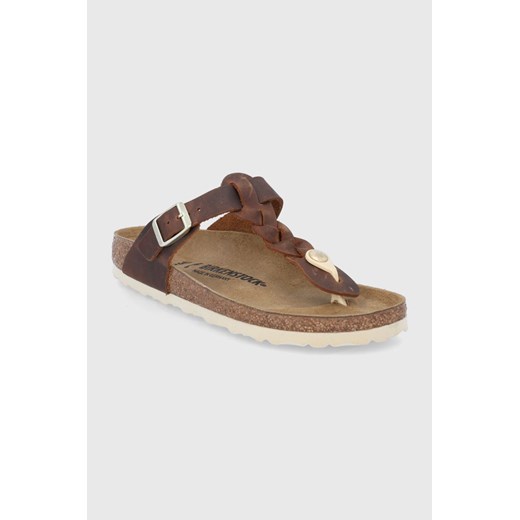 Birkenstock Japonki skórzane Gizeh Braided damskie kolor brązowy na płaskim 38 ANSWEAR.com