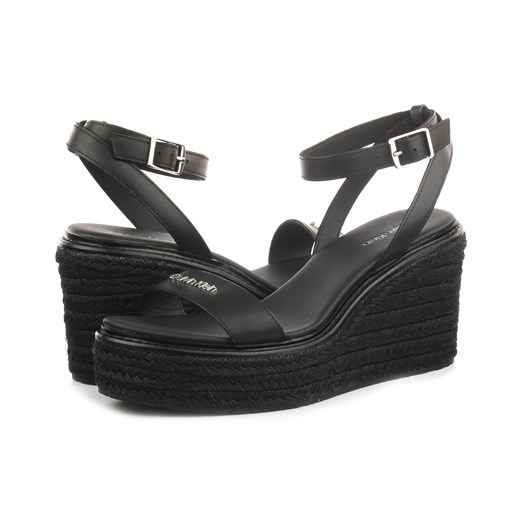 Espadryle damskie Calvin Klein letnie czarne z klamrą na koturnie