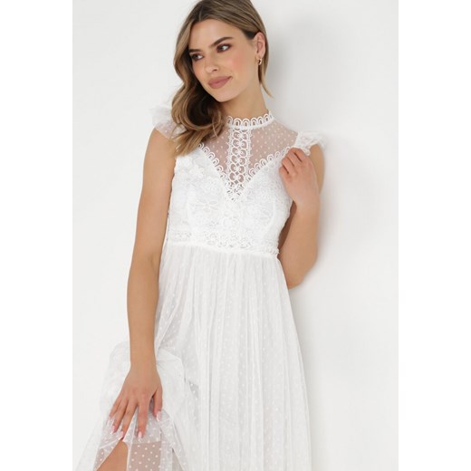 Sukienka Born2be z okrągłym dekoltem midi elegancka biała rozkloszowana bez rękawów koronkowa