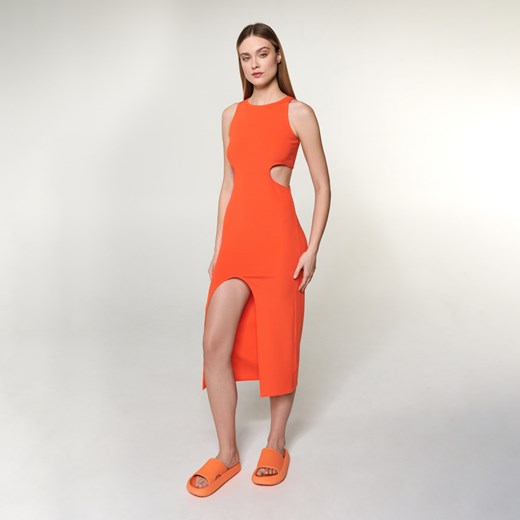 Sinsay - Sukienka midi z rozcięciem - Pomarańczowy Sinsay XL Sinsay