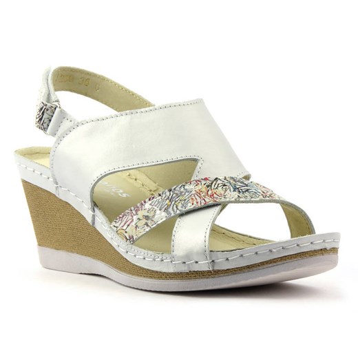 Skórzane sandały damskie na koturnie - HELIOS Komfort 299, srebrne ze sklepu ulubioneobuwie w kategorii Sandały damskie - zdjęcie 139273201