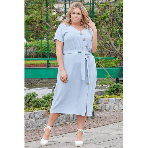 Sukienka lniana przewiewna letnia szmizjerka CAMERON błękitna Karko Plus Size karko.pl