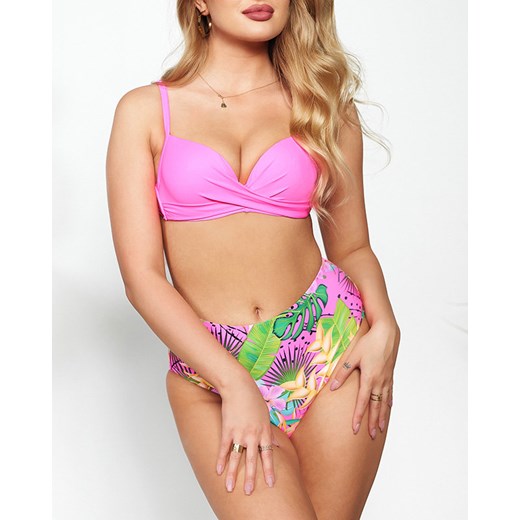 Neonowy różowy damski dwuczęściowy strój kąpielowy z motywem roślinnym - Royalfashion.pl XL - 42 royalfashion.pl