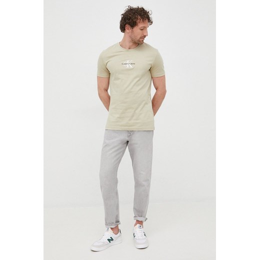 Calvin Klein Jeans t-shirt bawełniany kolor beżowy z aplikacją XXL ANSWEAR.com