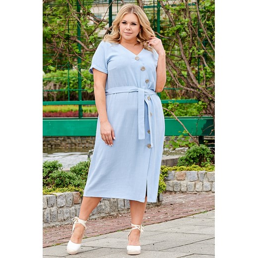 Sukienka lniana przewiewna letnia szmizjerka CAMERON błękitna Karko Plus Size karko.pl
