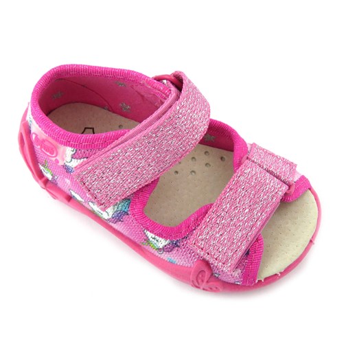 Sandałki dziecięce ze skórzaną wkładką - Befado 342P043, różowe z jednorożcami 23 ulubioneobuwie