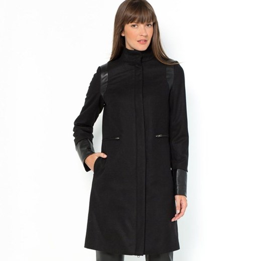 Płaszcz ze skóropodobnymi wstawkami (60% wełny) la-redoute-pl czarny płaszcz