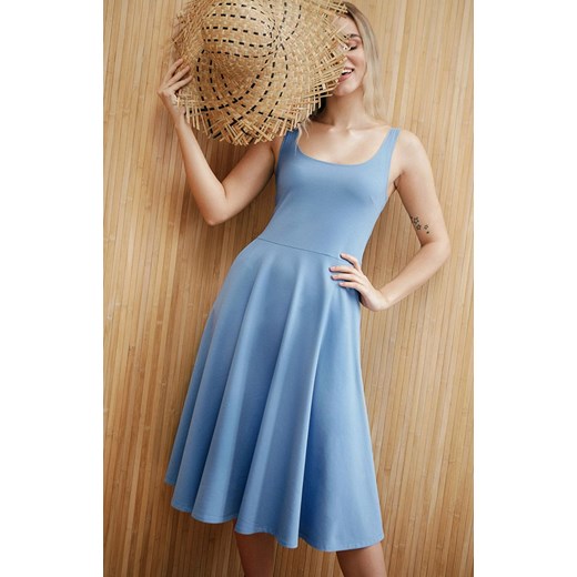 B218 Sukienka rozkloszowana na cienkich ramiączkach, Kolor niebieski, Rozmiar L, Be XL Primodo