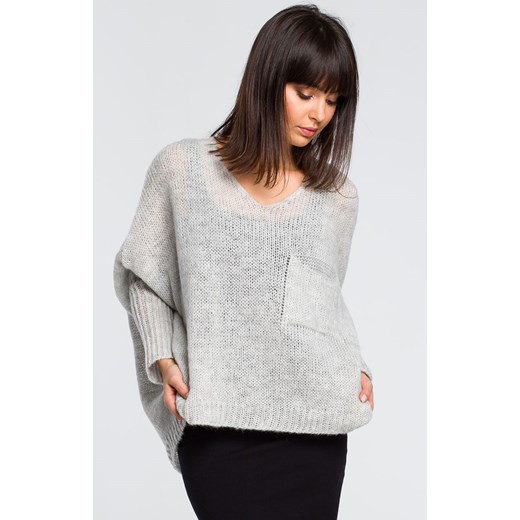 Sweter z kieszenią BK018, Kolor popielaty, Rozmiar one size, BE Knit ze sklepu Primodo w kategorii Swetry damskie - zdjęcie 140691370