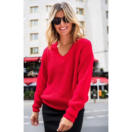 Czerwony sweter damski z dekoltem w serek BK075, Kolor czerwony, Rozmiar L/XL, BE ze sklepu Primodo w kategorii Swetry damskie - zdjęcie 140691711