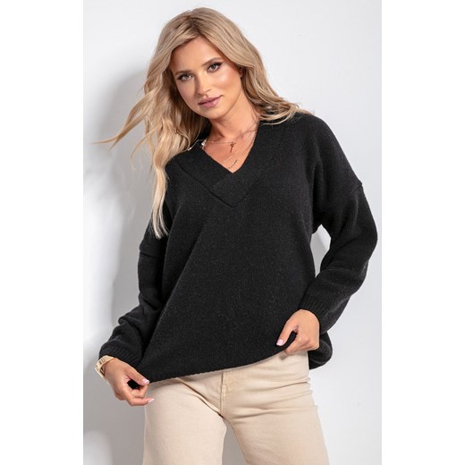 Wełniany sweter w serek F1058, Kolor czarny, Rozmiar one size, Fobya Fobya one size promocja Primodo