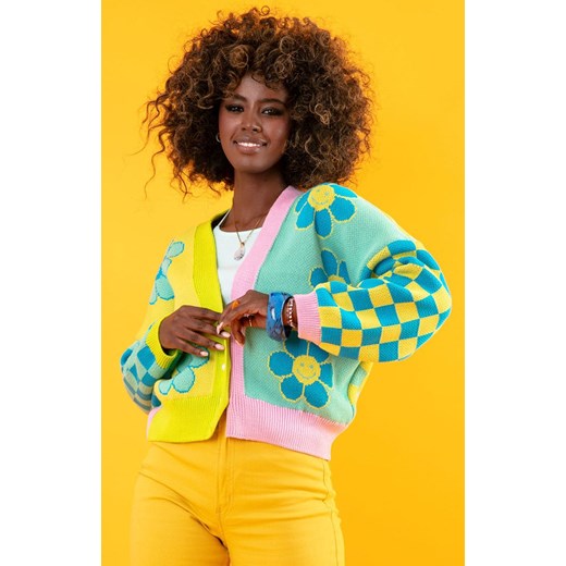 Krótki kardigan damski sweter w kwiaty zapinany F1445, Kolor limonka-wzór, Rozmiar XL/2XL, Fobya ze sklepu Primodo w kategorii Swetry damskie - zdjęcie 140695450