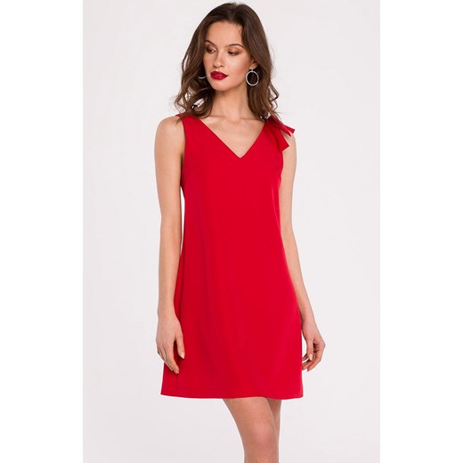 Elegancka sukienka damska z kokardą na ramieniu czerwona K128, Kolor czerwony, Rozmiar L, makover ze sklepu Primodo w kategorii Sukienki - zdjęcie 140701212