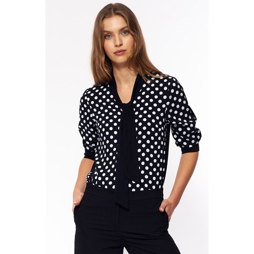 Koszula damska czarna w białe kropki z wiązaniem B140, Kolor czarno-biały, Rozmiar 36, Nife ze sklepu Primodo w kategorii Bluzki damskie - zdjęcie 140705751