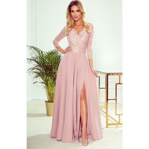 309-4 AMBER elegancka koronkowa długa suknia z dekoltem, Kolor róż pudrowy, Numoco XL Primodo
