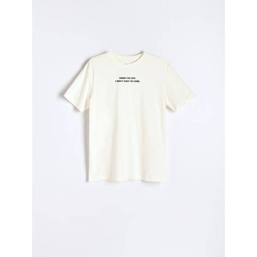 Reserved - T-shirt regular z minimalistycznym nadrukiem - Kremowy Reserved S Reserved