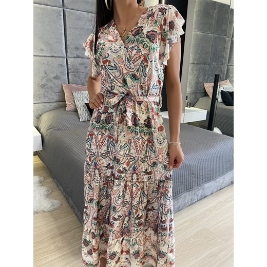 Sukienka Modnakiecka.pl boho maxi kopertowa wielokolorowa z dekoltem v