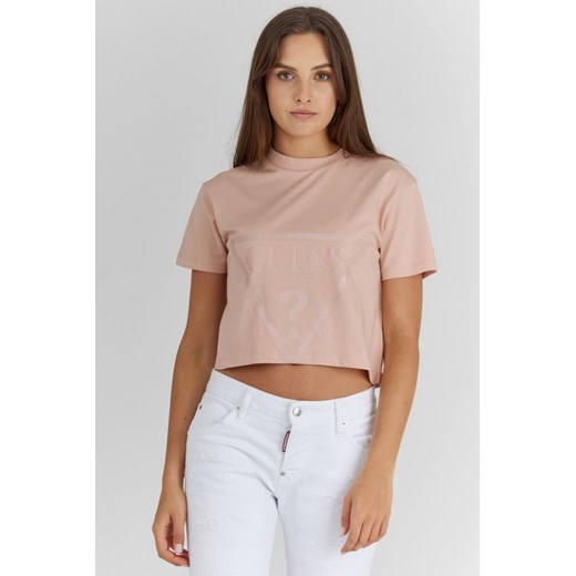 GUESS - Krótki różowy T-shirt damski z logo Guess XS okazja outfit.pl