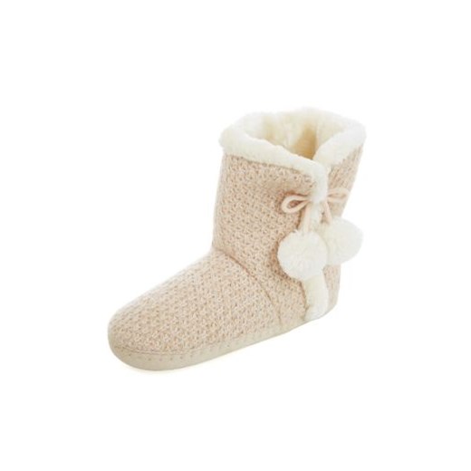 Stone Faux Fur Trim Knitted Slipper Boots  newlook bezowy 