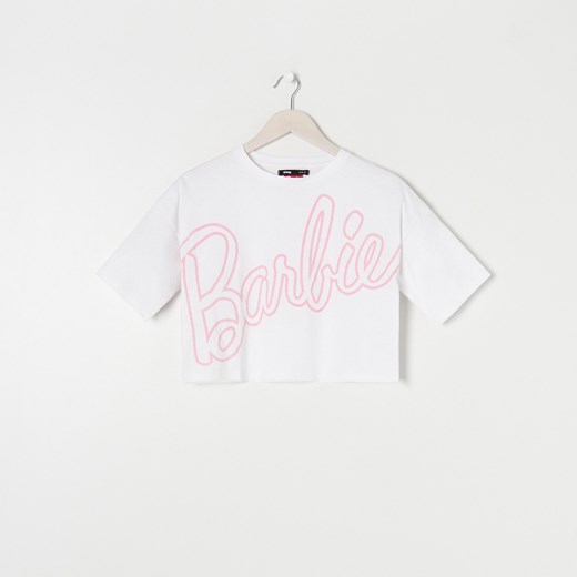 Sinsay - Crop top z nadrukiem Barbie - Biały Sinsay XXS wyprzedaż Sinsay
