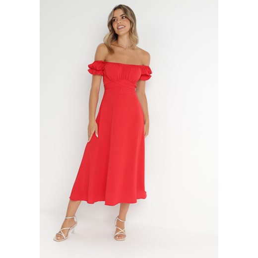 Czerwona Sukienka Midi z Dekoltem Carmen i Bufiastymi Rękawkami Amarhis ze sklepu Born2be Odzież w kategorii Sukienki - zdjęcie 141155544