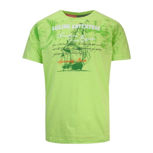 T-Shirt Męski Zielony, Neonowy z Nadrukiem w Żaglówkę, Krótki Rękaw, Koszulka, U-neck TSKOWMCL35588neonyesil ze sklepu JegoSzafa.pl w kategorii T-shirty męskie - zdjęcie 141773421