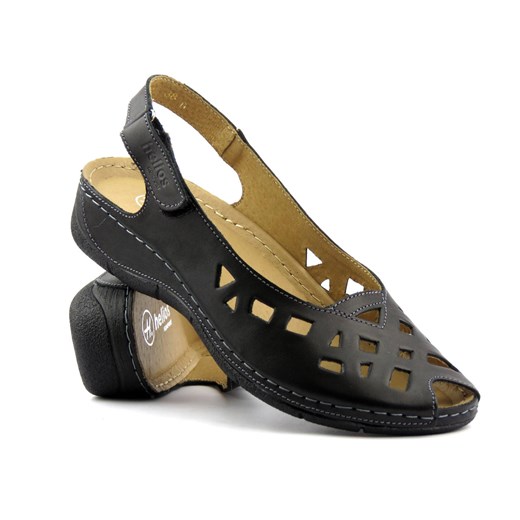 Skórzane sandały damskie z wycięciami - Helios Komfort 4027, czarne 2 ze sklepu ulubioneobuwie w kategorii Sandały damskie - zdjęcie 141890133