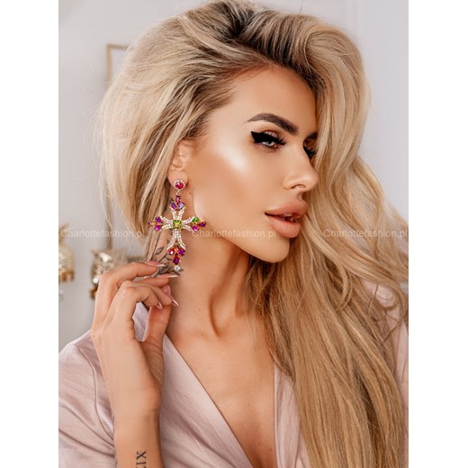Kolczyki krzyże złote z różowymi opalizującymi kryształkami Royal KL011 Fashion Jewelry Uniwersalny Charlotte Fashion
