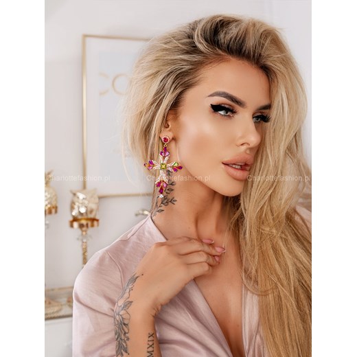 Kolczyki krzyże złote z różowymi opalizującymi kryształkami Royal KL011 Fashion Jewelry Uniwersalny Charlotte Fashion