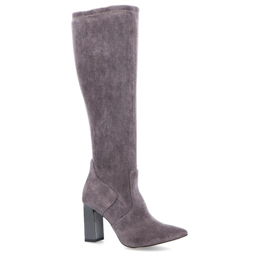 Kozaki damskie Caprice eleganckie z cholewką przed kolano szare na obcasie 
